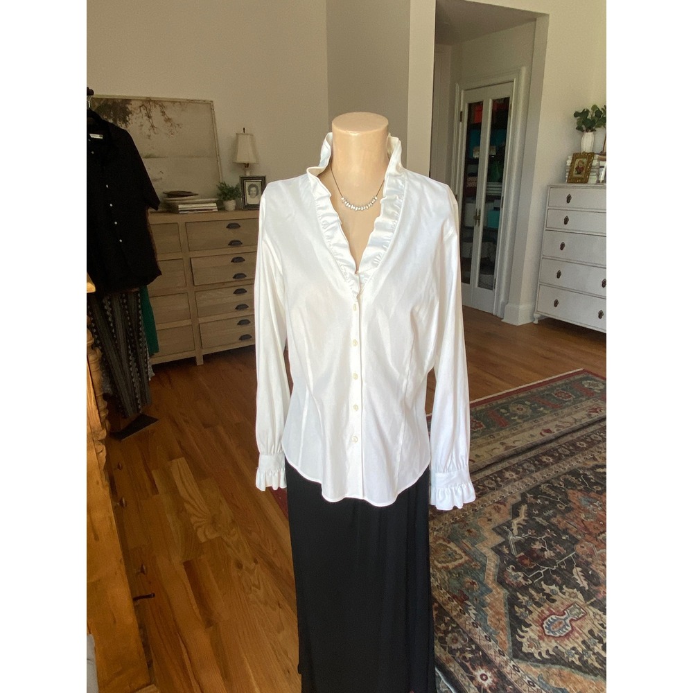 Brooks Brothers White Ruffle Collar Non-Iron Stretch Shirt Blouse Womens 14